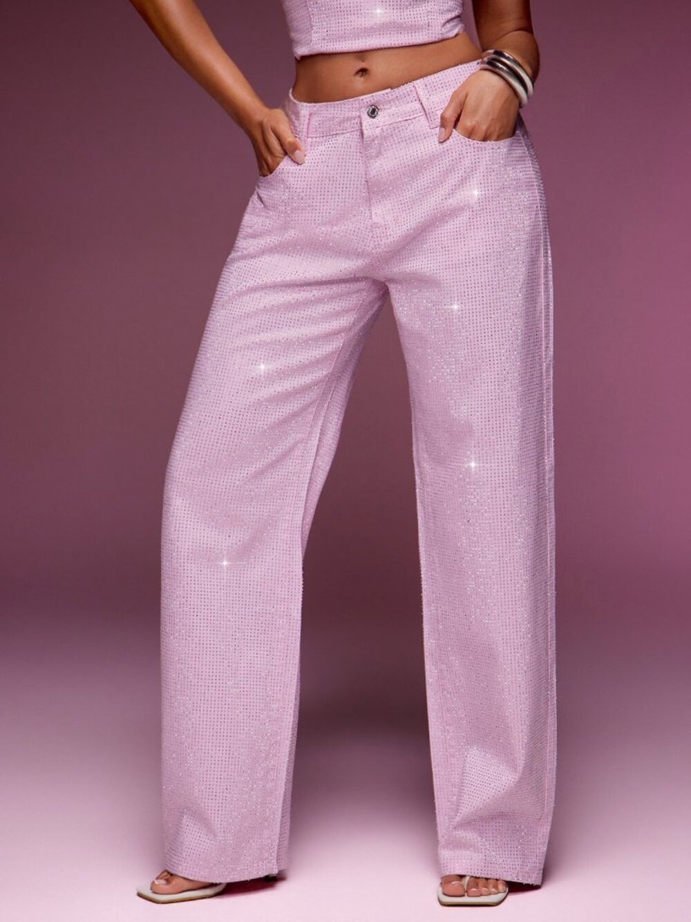 Pink Party Women's Washed Rhinestone Low Waist Straight Leg Jeans